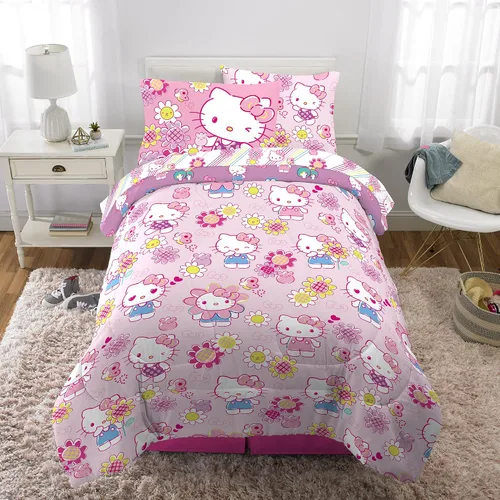 Vista 5 de Franco - Juego de edredón y sábanas supersuaves con funda para niños, 5 piezas, tamaño individual, Hello Kitty