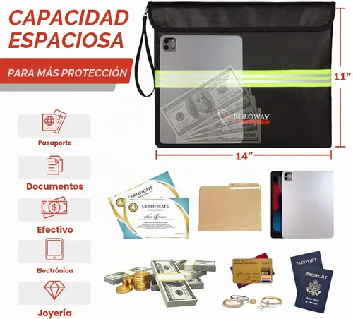 Vista 5 de ROLOWAY Bolsa de documentos ignífuga (14 x 11 pulgadas) con capa de papel de aluminio mejorada de 5200 ℉, bolsa ignífuga para documentos con tira