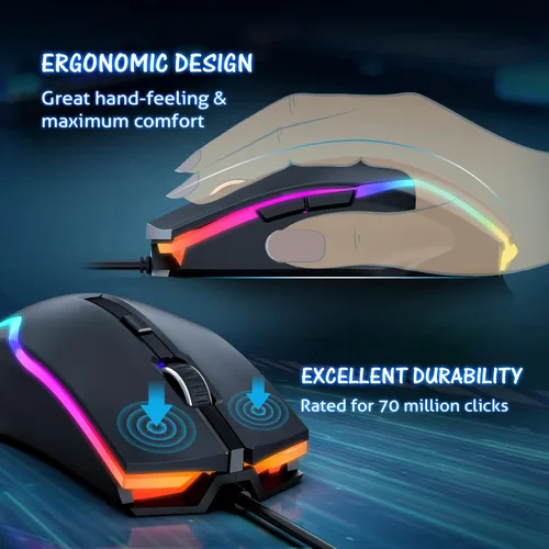 Vista 5 de WEEMSBOX Mouse para juegos con cable ratones de computadora con 7 modos retroiluminados RGB mouse de computadora gamer 8000 DPI ajustables - 6