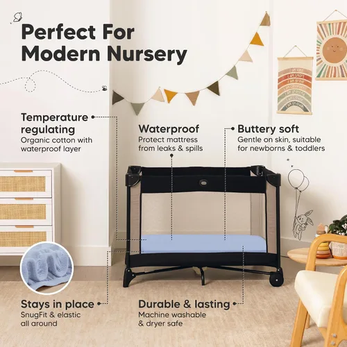 Vista 5 de 2 Sábanas para Pack and Play, Sábanas Impermeables para Mini Cuna Ajustables - 38x26 pulgadas Sábanas de Algodón Orgánico Pack N Play para Colchón