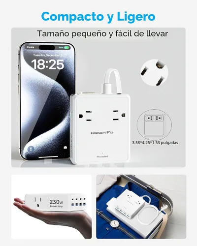 Vista 5 de Olcorife Tira de alimentación USB de 230 W, cable de extensión de enchufe plano ultrafino de 5 pies, 4 salidas de CA, 8 puertos USB