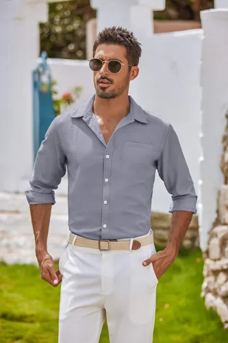 Vista 38 de COOFANDY Camisa Oxford de manga larga con botones para hombre, camisas de vestir de ajuste regular