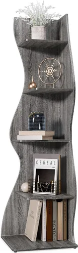 Vista 17 de LITTLE TREE Estantería de esquina pequeña, estantería moderna de esquina de pared de 5 niveles para libros, elegante librero estante