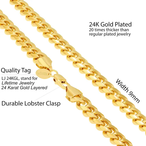 Vista 4 de LIFETIME JEWELRY Collar de cadena de eslabones cubanos Miami Curb de 0.354in, chapado en oro de 24 quilates, Chapado en oro, No es una piedra