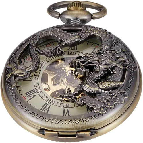 Vista 17 de Bronze Retro Mechanical Pocket Watch Skeleton Roman Numerals Hollow Mechanical Pocket Watches with Box M100