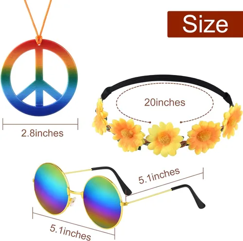 Vista 3 de CHRORINE Juego de 48 accesorios de disfraz hippie para mujeres y hombres incluye diadema hippie suministros de fiesta para decoraciones de fiesta