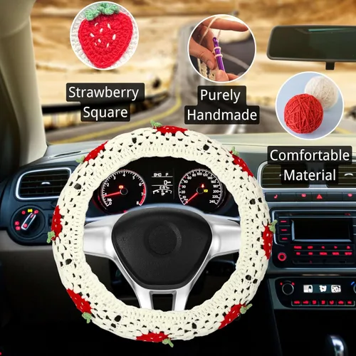 Vista 4 de Juego de fundas de ganchillo para volante, bonita funda bohemia para volante de automóvil de 14 a 15 pulgadas, patrón cuadrado de fresa blanca