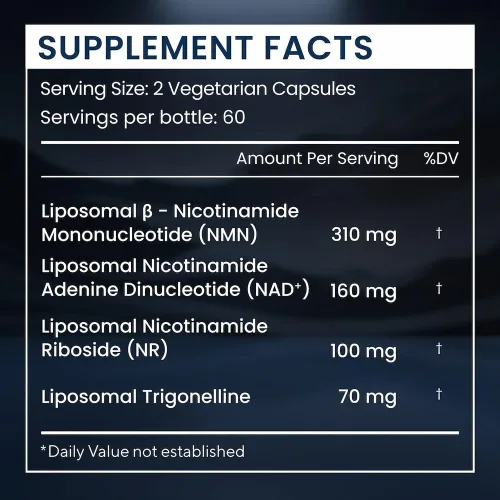 Vista 8 de RENUE by SCIENCE NAD+ Complete 120 cápsulas de suplemento de NAD liposomal con NMN, NR y trigonelina, 210 mg de NMN y 160 mg de NAD por porción