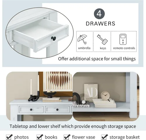 Vista 4 de JIVOIT Mesa consola rústica y elegante, mesa de consola rectangular de madera con cajones de almacenamiento y estante inferior para entrada Blanco