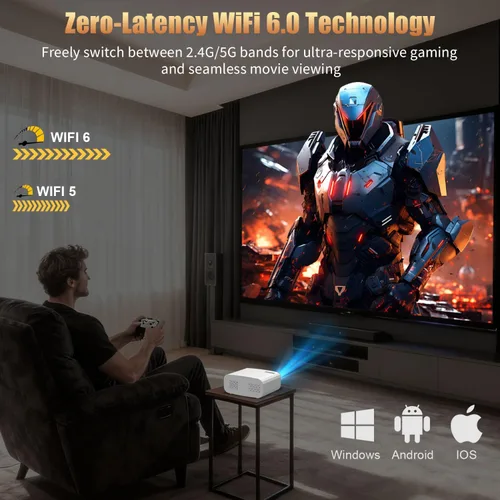Vista 4 de Mini Proyector con WiFi y Bluetooth, Proyector Inteligente Compatible con 1080P con Aplicaciones Integradas, Proyector de Películas al Aire Libre