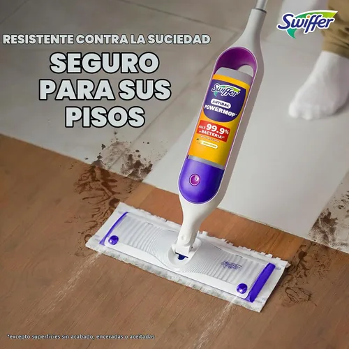 Vista 2 de Swiffer PowerMop Solución de recarga antibacteriana, limpiador de suelos multisuperficie multiusos para trapear azulejos, vinilo, laminado, madera