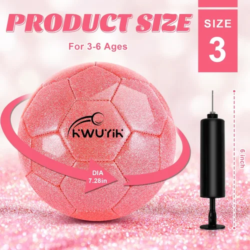 Vista 2 de Tamaño 3, 4, 5, juego de pelota de fútbol con purpurina, rosa, dorado, morado, con inflador, pelota de fútbol para niños de 3-6, 6, 8, 8-12, pelota