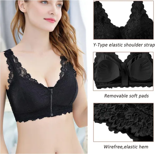 Vista 2 de Sujetador de encaje floral con cuello en V para mujer, bralettes de encaje sin aros con soporte push up y cierre frontal