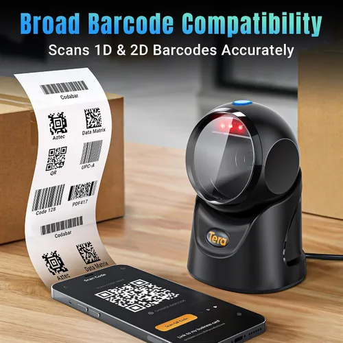Vista 2 de Tera Escáner de código de barras Manos libres Omnidireccional: Escritorio 1D 2D QR USB con cable Ángulo ajustable Plug and Play Lector de código