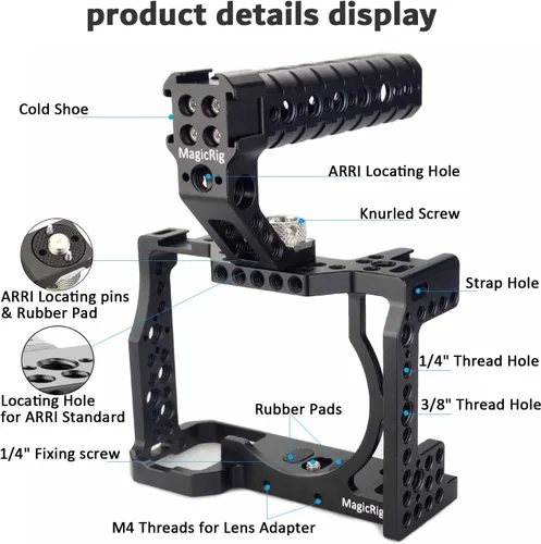 Vista 2 de A7iii / A7riii - Jaula de cámara completa y mango superior de localización ARRI, con 5 soportes de zapata fría, agujeros ARRI de 1/4 pulgadas y 3/8