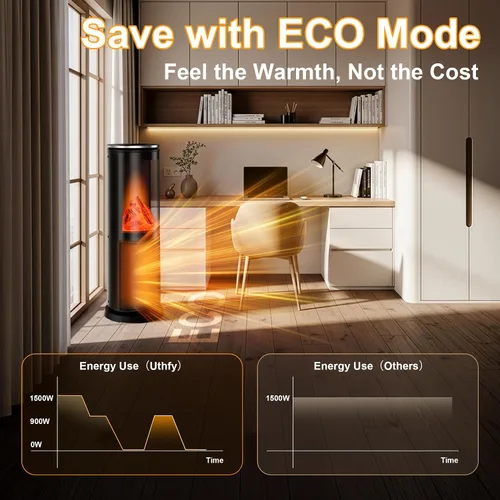 Vista 4 de Uthfy Calentador de espacio, 1500 W, eléctrico, portátil, de cerámica PTC, para uso en interiores, con termostato, control remoto, temporizador