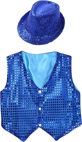 Vista 3 de Shinsto Chaleco de lentejuelas para niños y niñas, chaleco con sombrero, hip-hop, jazz, baile latino, disfraz de actuación