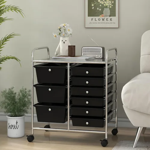 Vista 9 de LDAILY Carrito de almacenamiento con ruedas de 9 cajones, carrito rodante con cajones para aula, organizador de manualidades con ruedas con marco