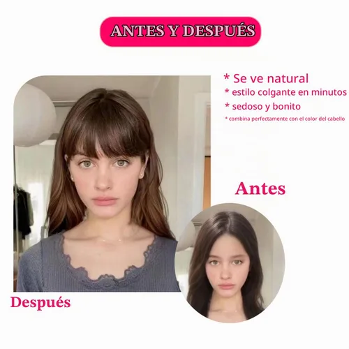 Vista 2 de Extensiones de cabello humano real con flecos, clip en flequillo, con sienes Negro