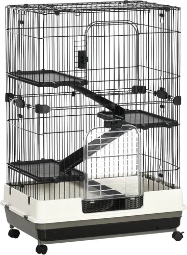 Vista 13 de Jaula para animales pequeños de 6 niveles PawHut con ruedas, bandeja extraíble, plataforma y rampa para conejos, chinchillas, hurones, color negro