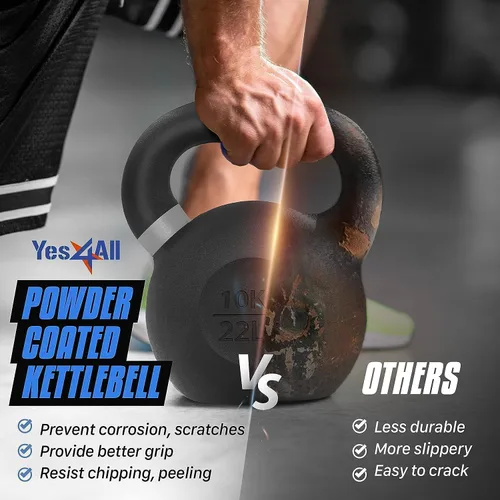 Vista 6 de Yes4All Powder Coated Kettlebell, Cast Iron Core Kettlebells with Non-Slip Handle & Flat Bottom for Conditioning, Heavy Duty for Strength Training