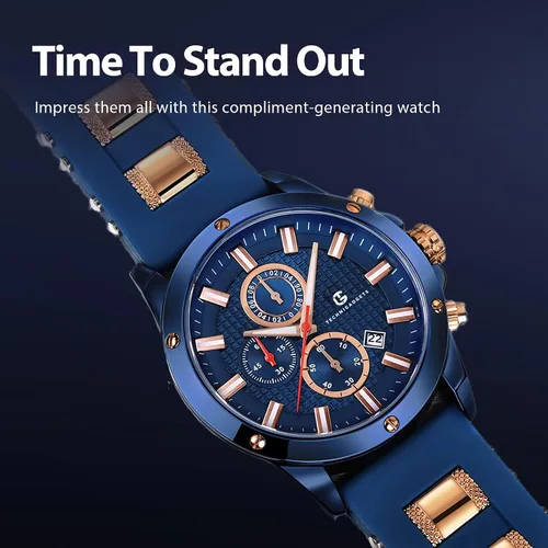 Vista 2 de Technigadgets Denzel Reloj cronógrafo para hombre, multifunción, de cuarzo, analógico, luminoso, con correa de silicona, resistente al agua 30M, Azul