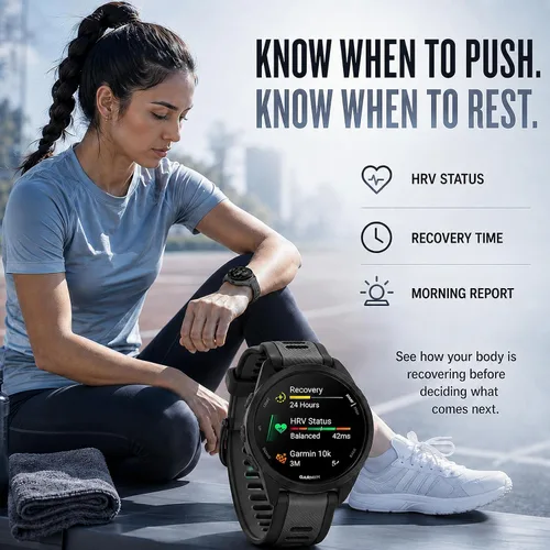 Vista 8 de Garmin 010-02863-20 Forerunner 165 - Reloj deportivo inteligente, color negro + gris pizarra con base de carga Deco Essentials, 3 cubiertas