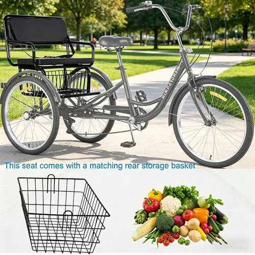 Vista 6 de Triciclo para adultos de 24 pulgadas, 7 velocidades, 3 ruedas con cestas traseras para mujeres/hombres/personas mayores, picnic, ejercicio, compras