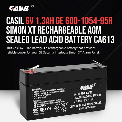 Vista 2 de Casil Batería de repuesto SLA/AGM de 6V 1.3Ah - Sin mantenimiento, compatible con paneles GE Interlogix 60-914, GE Simon 3 y GE Simon XT