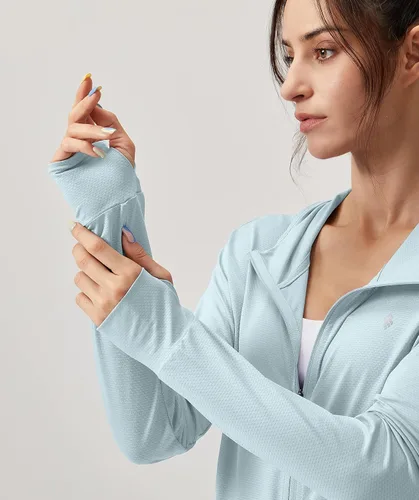 Vista 3 de Soothfeel Chaqueta con capucha y protección solar UPF 50+ para mujer, ligera, de manga larga, con bolsillo, para senderismo al aire libre d-celeste