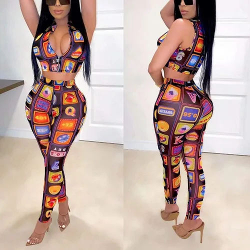 Vista 4 de Conjunto sexy de 2 piezas para mujer 2020 Camiseta corta con cremallera frontal y manga corta con pantalones de cintura alta traje deportivo