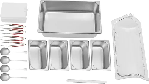 Vista 8 de Recipiente de acero inoxidable para servir alimentos de 4 bandejas con tapa, servidor de condimentos con cucharas, abrazaderas, bolsas de agua