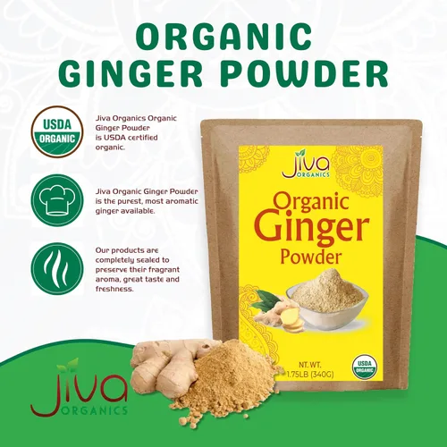 Vista 3 de Jiva Polvo de jengibre orgánico de 1.75 libras, bolsa a granel - Sin OMG, finamente molido, keto, raíz de jengibre molido puro y crudo