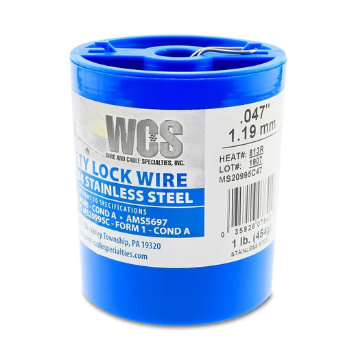 Vista 15 de Alambre de bloqueo, T302/304 de acero inoxidable, NASM20995, MS20995C, ASTM A580 Cond A, AMS5697, 0.020 pulg (0.51 mm), 1 lb (0.45 kg) Lata