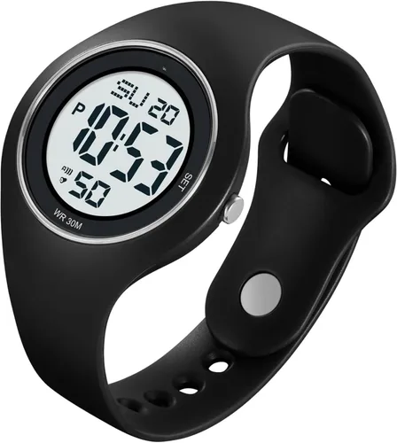Vista 6 de Reloj deportivo digital para hombres y mujeres, reloj de pulsera LED con pantalla de doble hora, impermeable, unisex, diseño negro, para uso diario