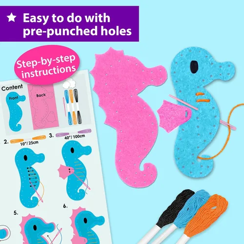 Vista 4 de KRAFUN Kit de costura de animales marinos de sirena para principiantes, kit de arte y manualidades, incluye 5 muñecas de felpa suave, instrucciones