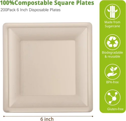 Vista 2 de LIYH Paquete de 200 platos de papel cuadrados de caña de azúcar compostables de 6 pulgadas, platos de postre biodegradables y de cóctel desechables