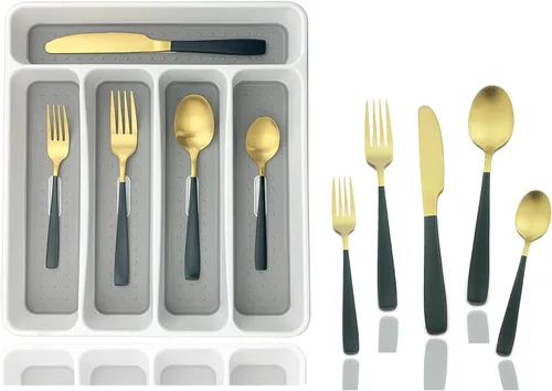 Vista 15 de JASHII - Juego de cubiertos con bandeja, 20 piezas de acero inoxidable cuadrado cubiertos servicio para 4, acabado mate, utensilios de alimentación