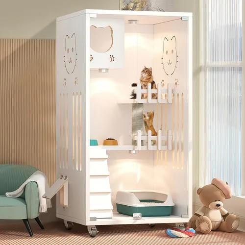 Vista 7 de Casa de Madera para Gatos de Gran Espacio, Condominio Cerrado para Gatos, Recinto para Gatos Interior/Exterior con Ruedas, Villa de Lujo