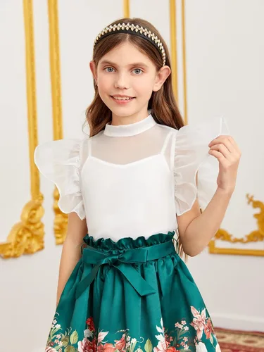 Vista 6 de WDIRARA Blusa sin mangas de malla transparente con cuello alto falso y volantes para niña