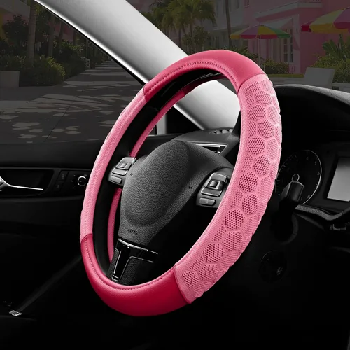 Vista 13 de Cubierta de Volante de Masaje PIC AUTO, Cubierta de Volante de Coche de Cuero Beige y Material de Patrón de Fútbol Rosa Combinado, Cubierta