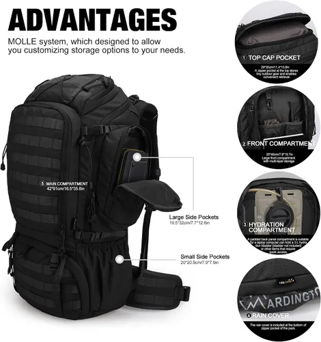 Vista 3 de Mardingtop Mochila de marco interno de 50L, Negro, Táctica