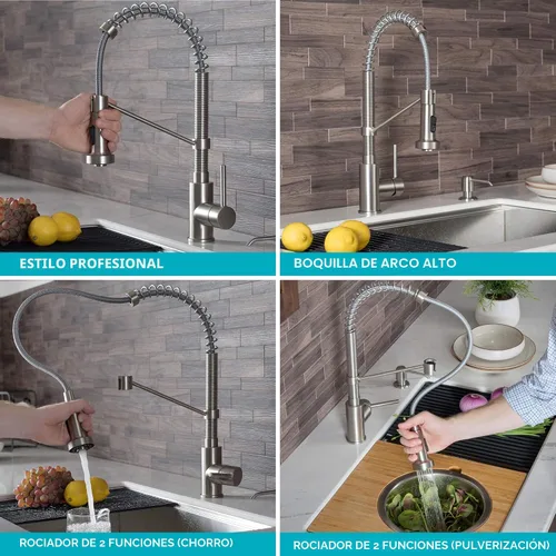 Vista 10 de KRAUS Bolden - Grifo de cocina de estilo comercial con mango individual de dos funciones desplegable en bronce champán antiguo libre de manchas