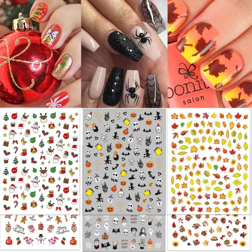 Vista 12 de TailaiMei 12 hojas de calcomanías de otoño para uñas, tiras de esmalte de uñas autoadhesivas con 2 limas de uñas para el día de Acción de Gracias