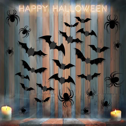 Vista 4 de 68 piezas de decoración de pared de murciélago con 68 decoraciones de araña y murciélago de Halloween, decoraciones de murciélagos de Halloween