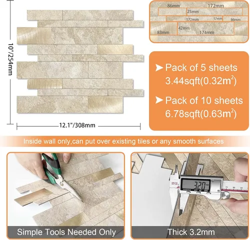 Vista 6 de VAOVI Azulejos autoadhesivos para salpicaduras de cocina, azulejos estilo metro lineal de mosaico de piedra para baño, pared de ducha impermeable