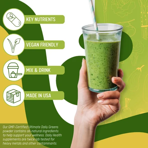 Vista 6 de Daily Health, Ultimate Greens con MSM en polvo, ingredientes naturales veganos sin gluten, soja, sin OMG, superalimento, bebida nutricional vegetal