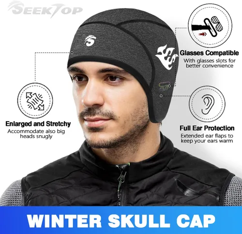 Vista 2 de Seektop 2 Pack Winter Skull Cap Helmet Liner for Men, Cycling Running Sweat Wicking Skullcap Beanie, Fits Under Helmets