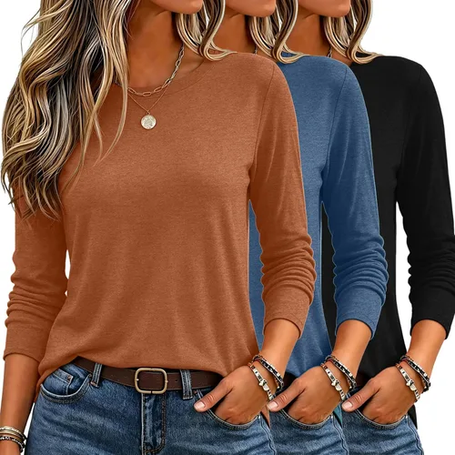 Vista 50 de Zeagoo Paquete de 3 camisetas de manga larga para mujer, estilo casual, suave, cuello redondo, básicas, ropa de otoño Z Rayas Azul 273