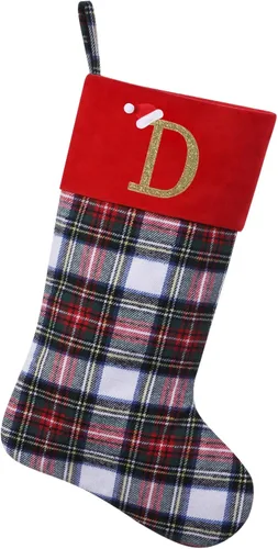 Vista 19 de Calcetines de Navidad personalizados con monograma inicial, adornos colgantes, medias clásicas de cuadros negros de 19 pulgadas, decoraciones